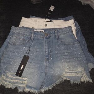 Fashion Nova Women's Denim Shorts - Blue and White